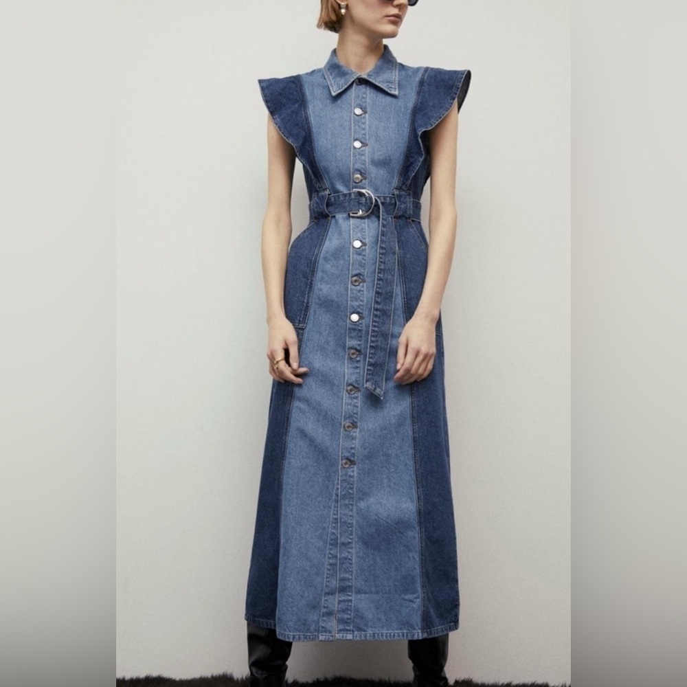 NEW Derek Lam 10 Crosby Michelle Belted Two-Tone Denim Midi Dress Sz 8